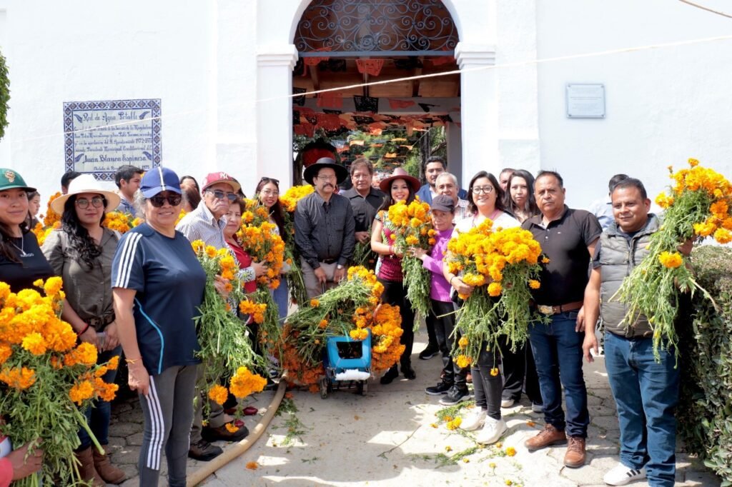 Entrega de flores de cempasúchil en panteones de San Pedro Cholula por el Día de Muertos