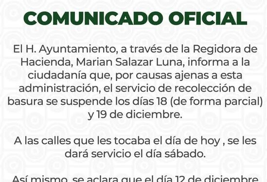 Ayuntamiento de Xoxtla informa suspensión temporal del servicio de recolección de basura en el municipio