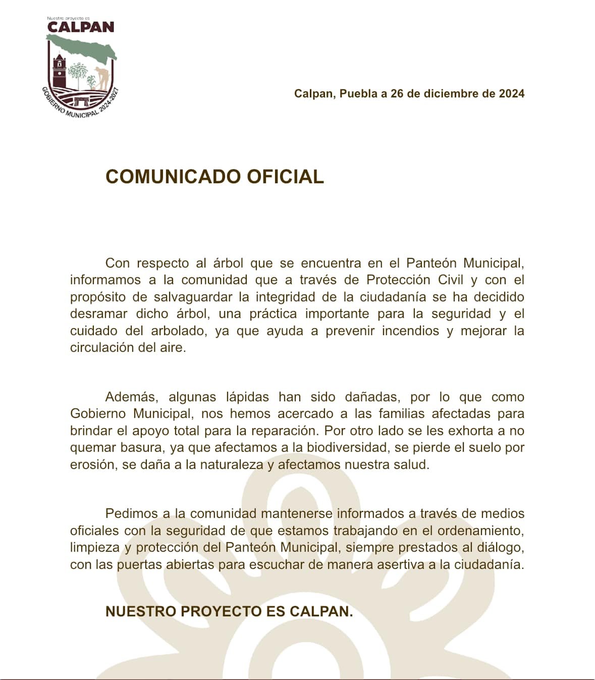Realizan desrame de árbol en Panteón Municipal en Calpan