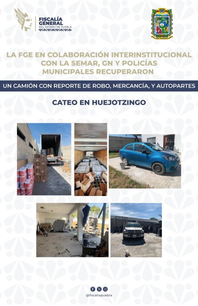 FGE, SEMAR, GN y SSP recuperan camión robado y mercancía en Huejotzingo