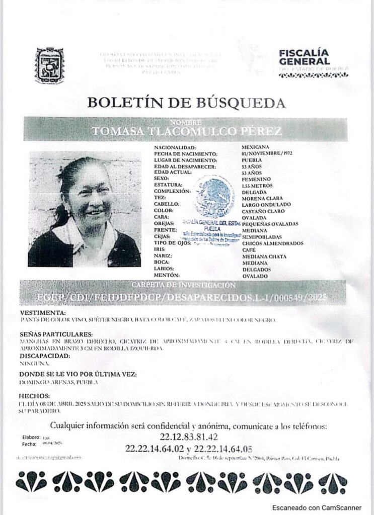 Buscan a Tomasa Tlacomulco Pérez desaparecida en Domingo Arenas