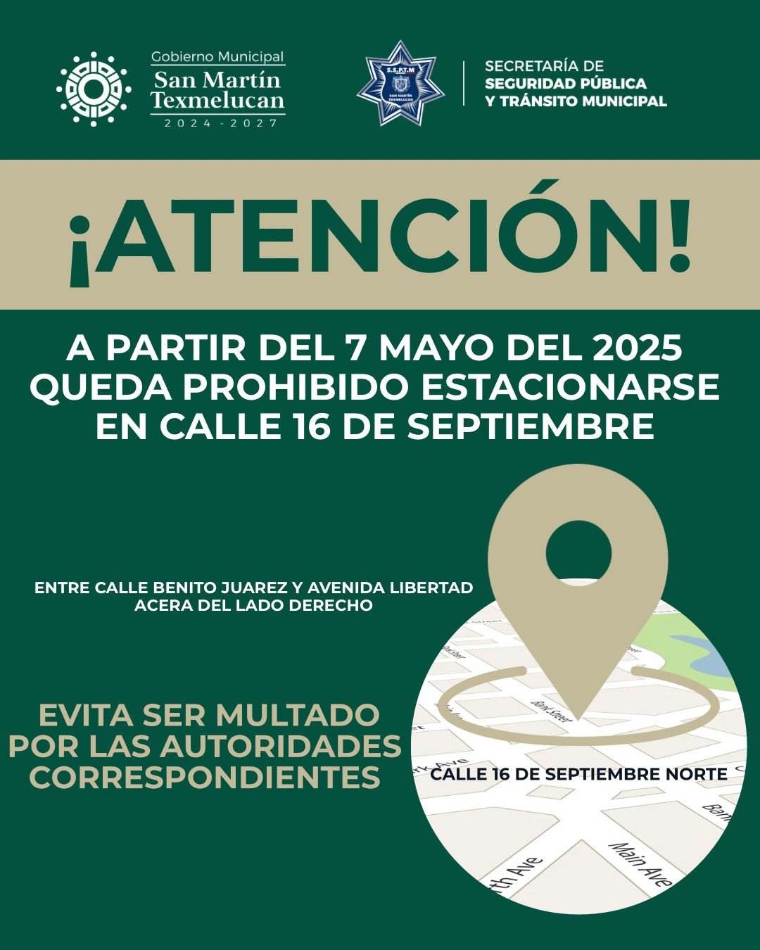 Gobierno de Texmelucan prohíbe estacionarse en tramo de la calle 16 de Septiembre