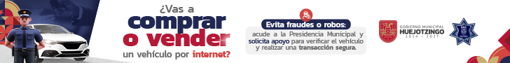 Banner informativo del Gobierno de Huejotzingo sobre prevención de fraudes en la compra y venta de autos por redes sociales, con elementos visuales de advertencia, iconos de seguridad y un automóvil.