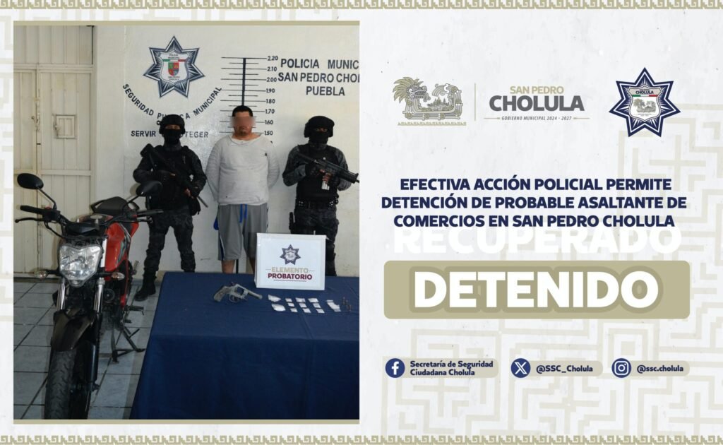 Sujeto armado y con droga detenido tras persecución en San Pedro Cholula